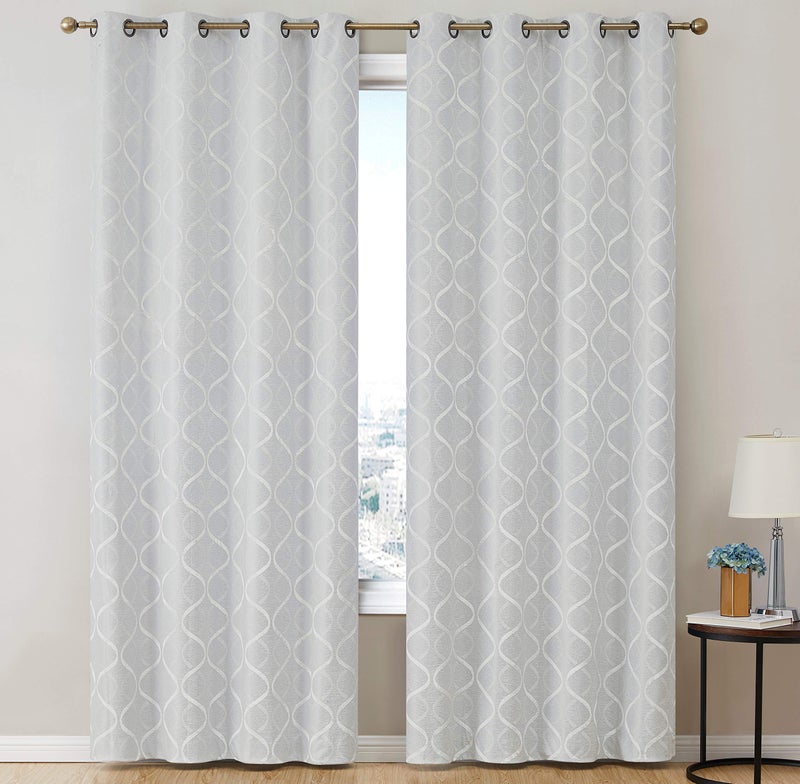 HLC.ME Versailles Lattice Flocked 100% Complete Blackout Thermal Insulated Window Curtain Grommet Panels - Energy Savings & Soundproof, For Living Room & Bedroom, Set of 2 (50 x 84 inches Long, White) - Image 2